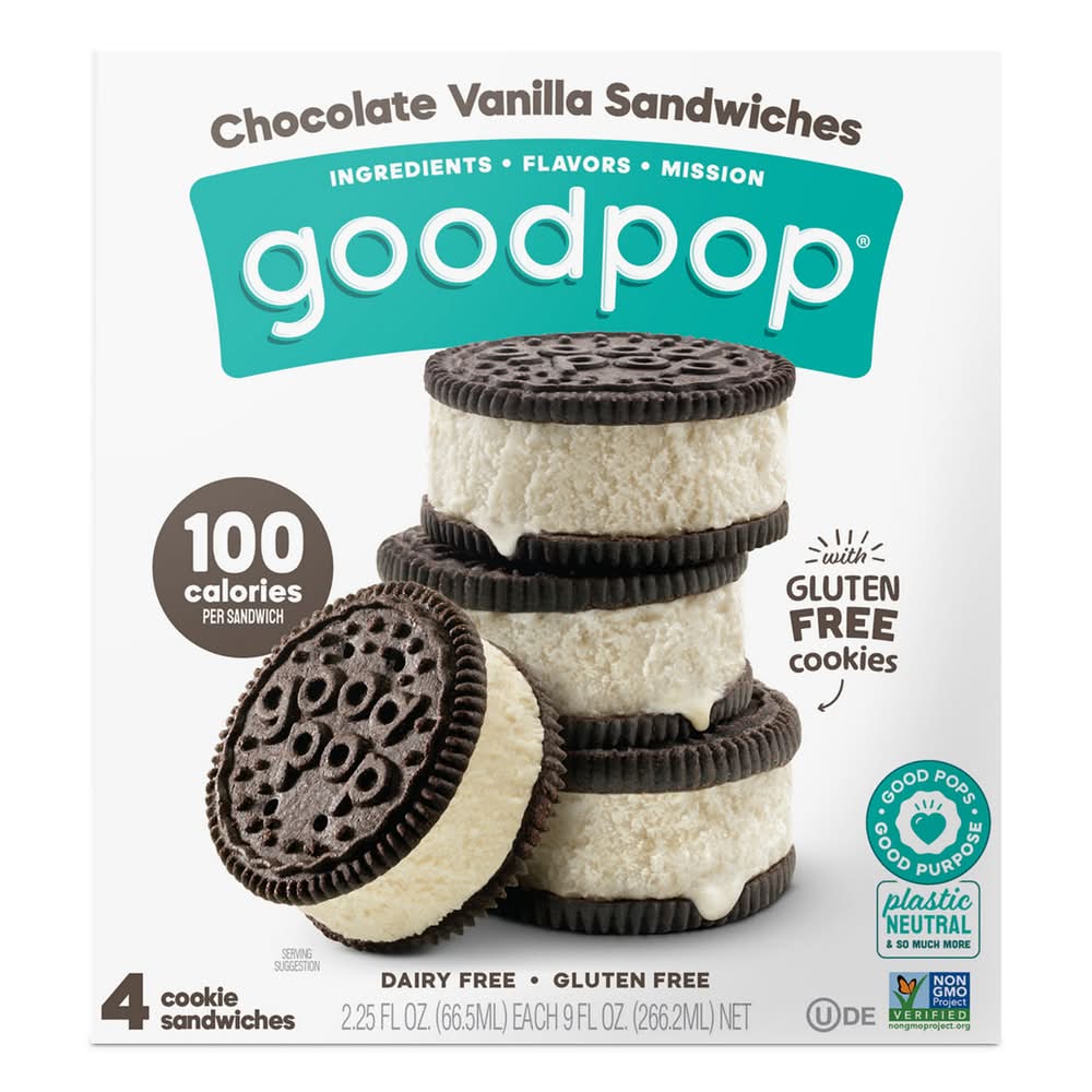 GoodPop Chocolate Vanilla Sandwiches Dairy-Free Oat Milk Frozen Desserts, 4 Ct