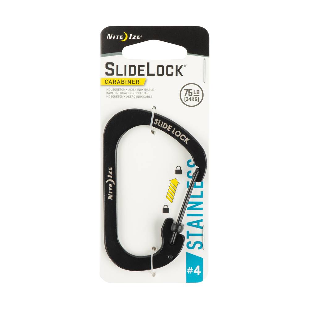 Nite Ize Black Stainless Steel D-shaped Locking Carabiner with Slide-to-Lock Feature, 75 lbs Weight Rating | CSL4-01-R6