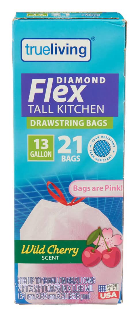 TrueLiving Diamond Flex Tall Kitchen Drawstring Bags 13 Gallon, Wild Cherry, Pink (21 ct)