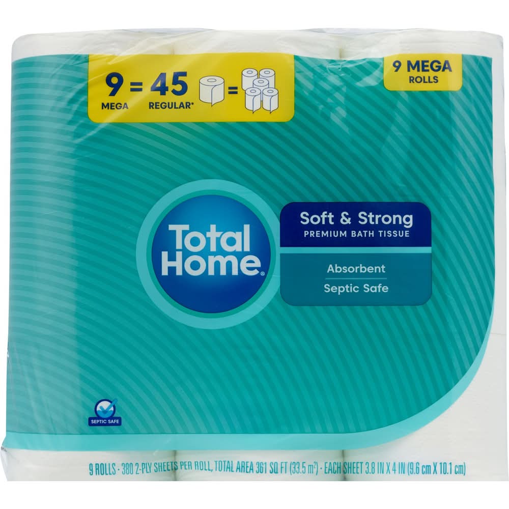 Total Home Absorbent Septic Soft & Strong Premium Bath Tissue Rolls, 3.8x4 in, White (9 ct)