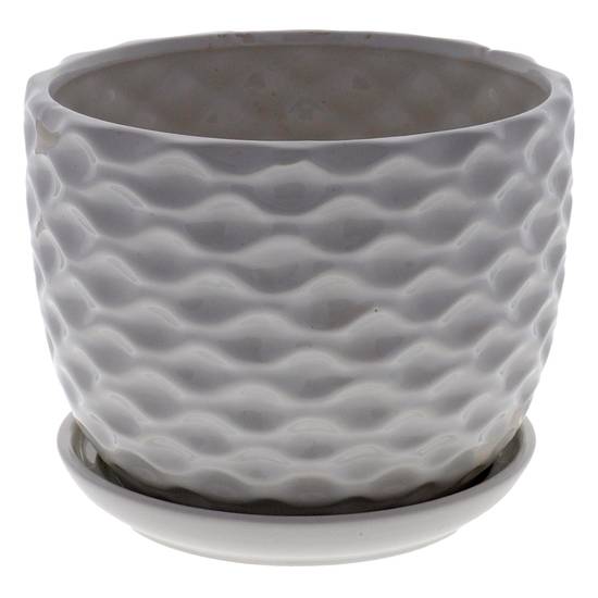 Dollarama Ceramic Pot with Wave Pattern & Saucer (17 TD X 14 H CM)