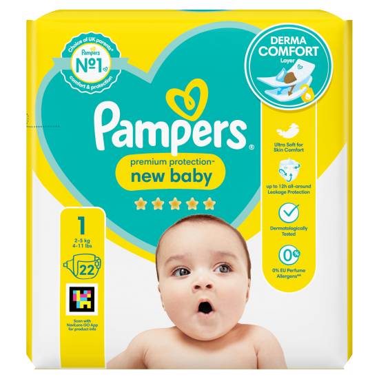 Pampers Premium Protection New Baby Nappies, Size 1, 2kg - 5kg (22 ct)