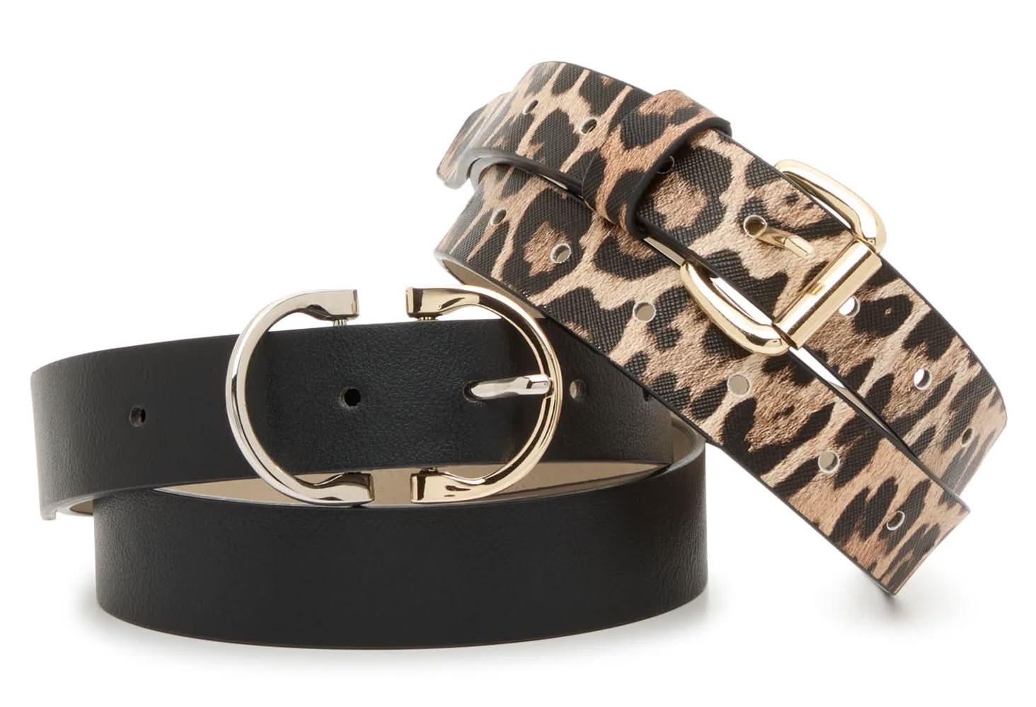Steve Madden Leopard/Black 2 For 1 Belt Set (Black Leopard Print M)
