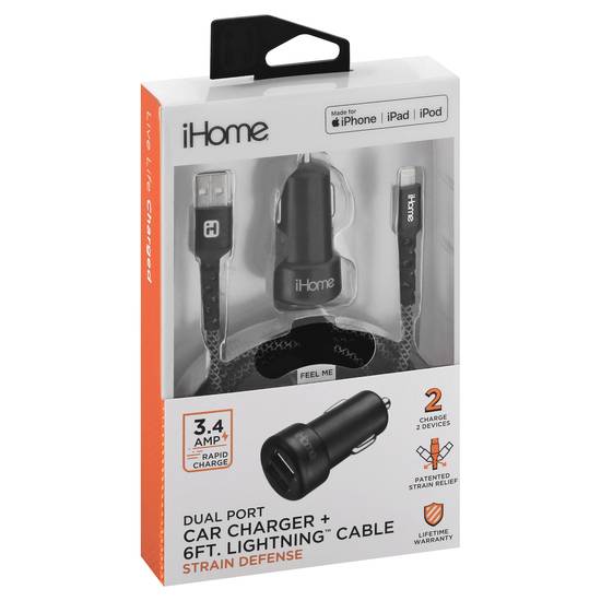 Ihome Dual Port Strain Defense Car Charger + Lightning Cable