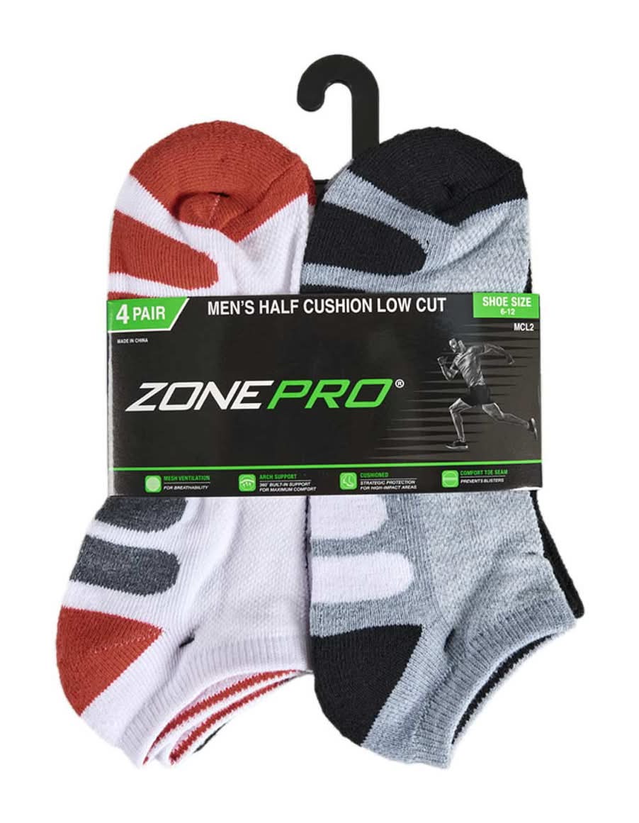 Zone Pro Men'S Half Cushion Low Cut Socks 4 Ct Assorted Colors