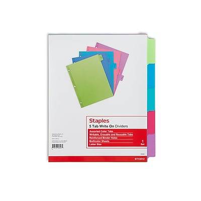 Staples 13512/23180 Write-On Dividers, Assorted (5 ct)