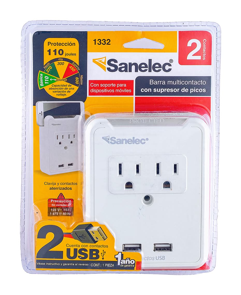 Sanelec · Barra multicontacto con supresor de picos y soporte para dispositivos móviles