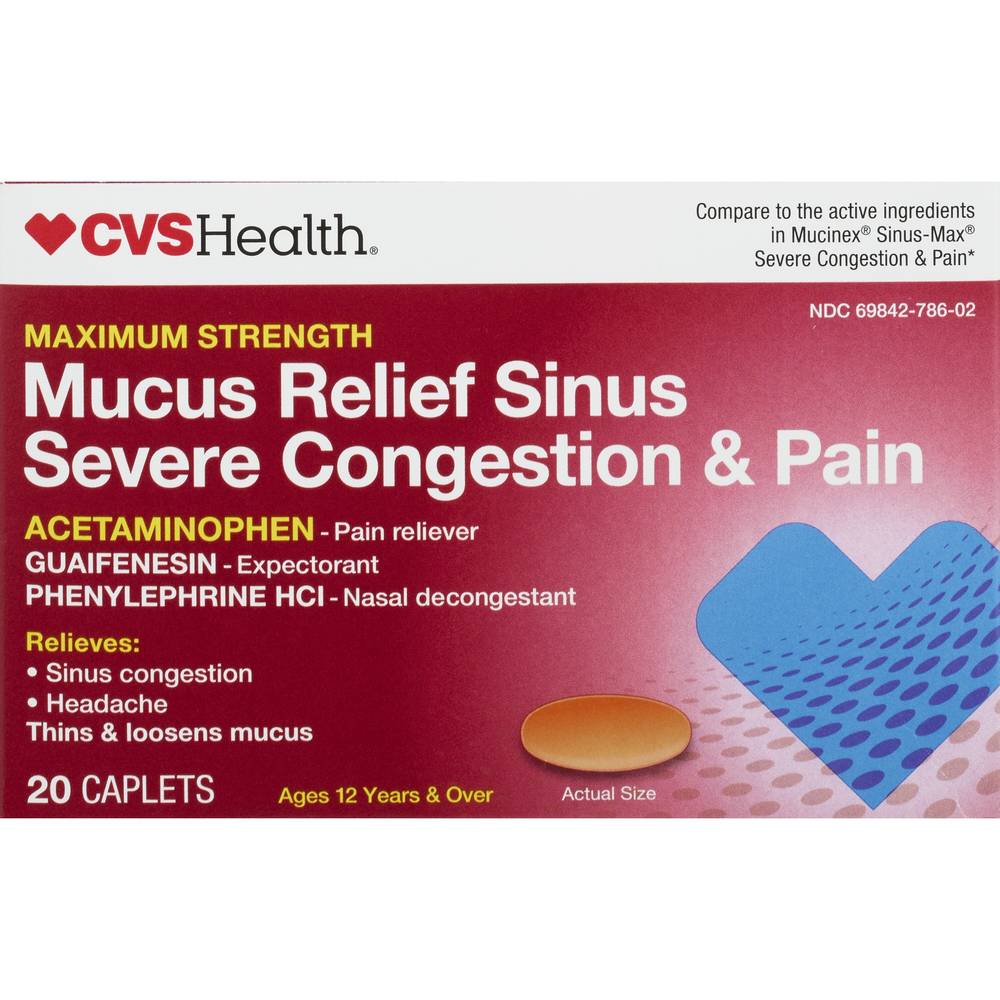 Cvs Health Maximum Strength Mucus Relief Sinus Severe Congestion & Pain Relief Caplets, 20 Ct