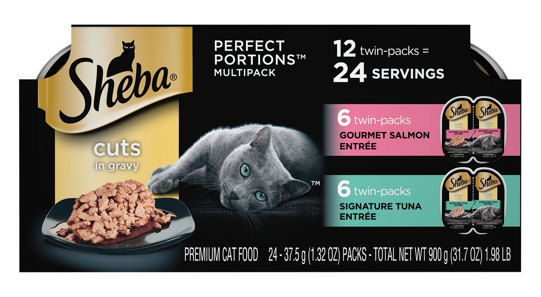 Sheba® Perfect Portions Adult Wet Cat Food - Cuts in Gravy, Variety Pack, 12 CT, 31.7 OZ (Flavor: Salmon & Tuna, Color: Assorted, Size: 24 Count)
