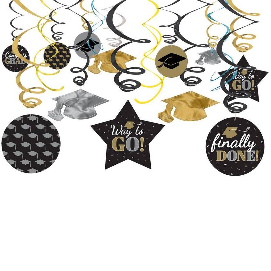 Assorted Black, Silver Gold Graduation Swirl Decorations, 30ct