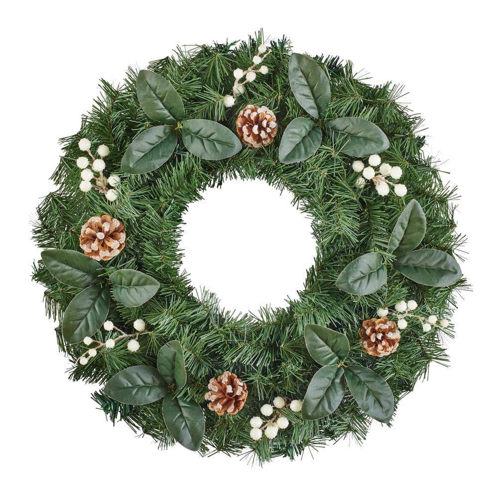 Home Accents Holiday Artificial Wreath With Pinecones and Berries, 24 In, Green-Brown-White