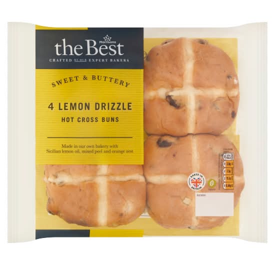 Morrisons The Best Sweet & Buttery Lemon Drizzle Hot Cross Buns (4 pack)
