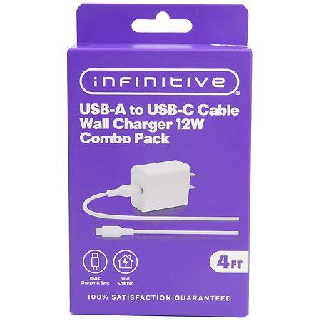 Infinitive Usb-A To Usb-C Cable Wall Charger 12w Combo pack (4')