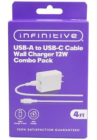 Infinitive Usb a To Usb C Cable Wall Charger 12w Combo pack, 4 ft