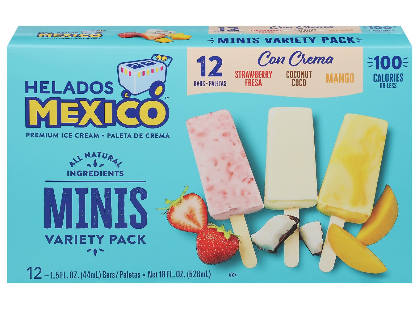 Helados Mexico Ice Cream Bar Minis Variety pack, Strawberry-Mango-Coconut (18 fl oz, 12 ct)
