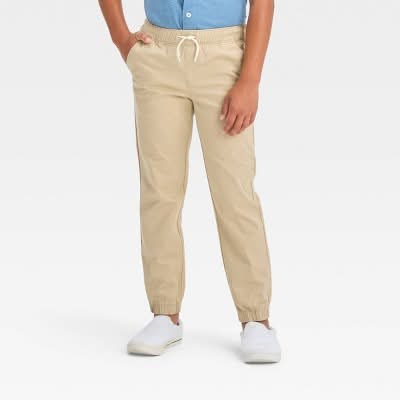 Boys' Stretch Woven Jogger Pull-On Pants - Cat & Jack™ Beige 8: Cotton-Spandex Blend, Midweight, Elastic Waist, Tapered Leg