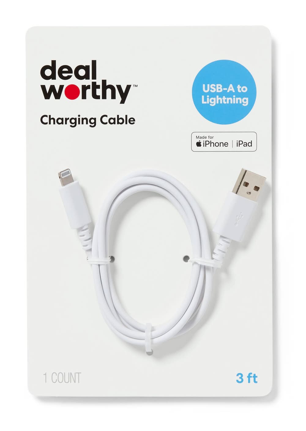 Dealworthy Lightning To Usb-A Charging Cable, 3ft, White