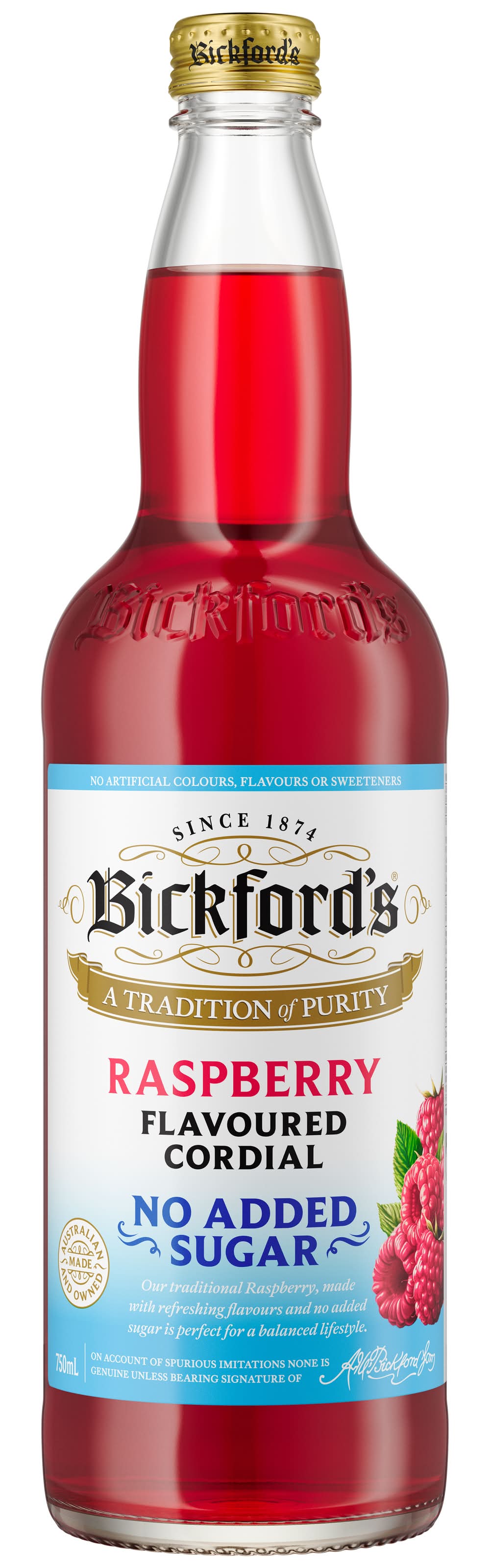 Bickford's No Sugar Cordial, Raspberry (750mL)