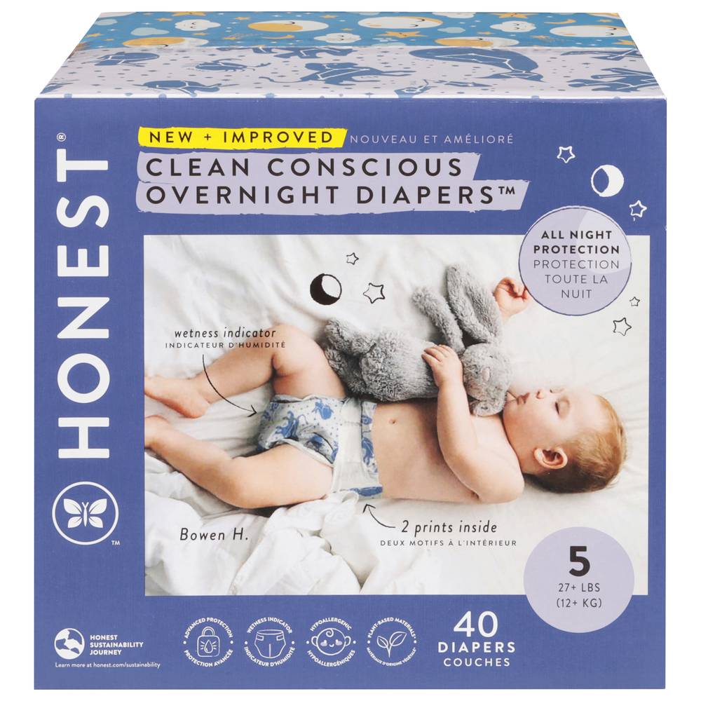 The Honest Company Clean Conscious Disposable Overnight Cozy Cloud and Star Signs Diapers, Size 5 (40 ct)