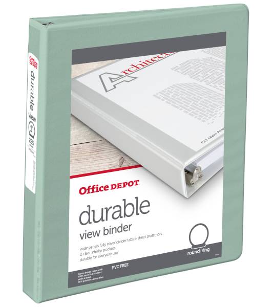 Office Depot® Brand 3-Ring Durable View Binder, 1" Round Rings, Sage