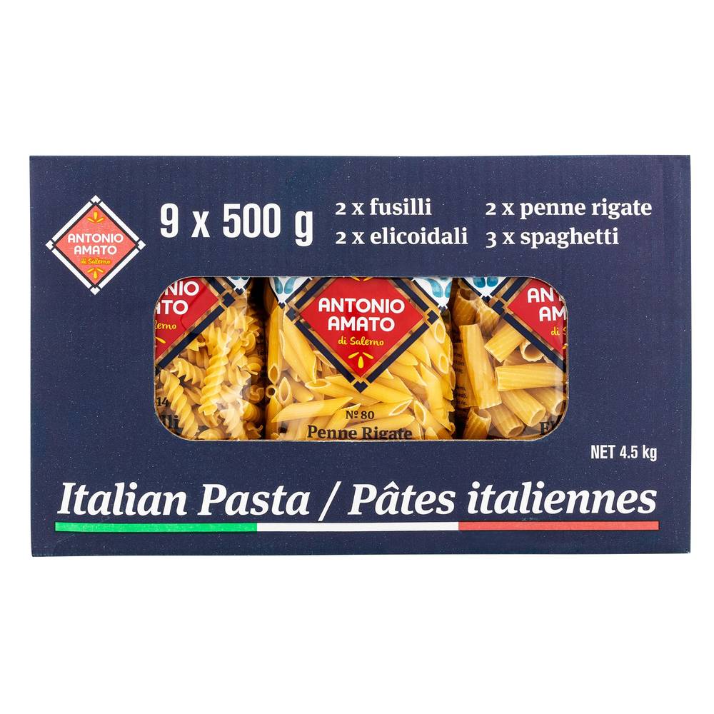 Antonio Amato Pâtes Italiennes - Italian pasta (9 x 500 g) (Fusilli, Penne Rigate, Elicoidali, Spaghetti)