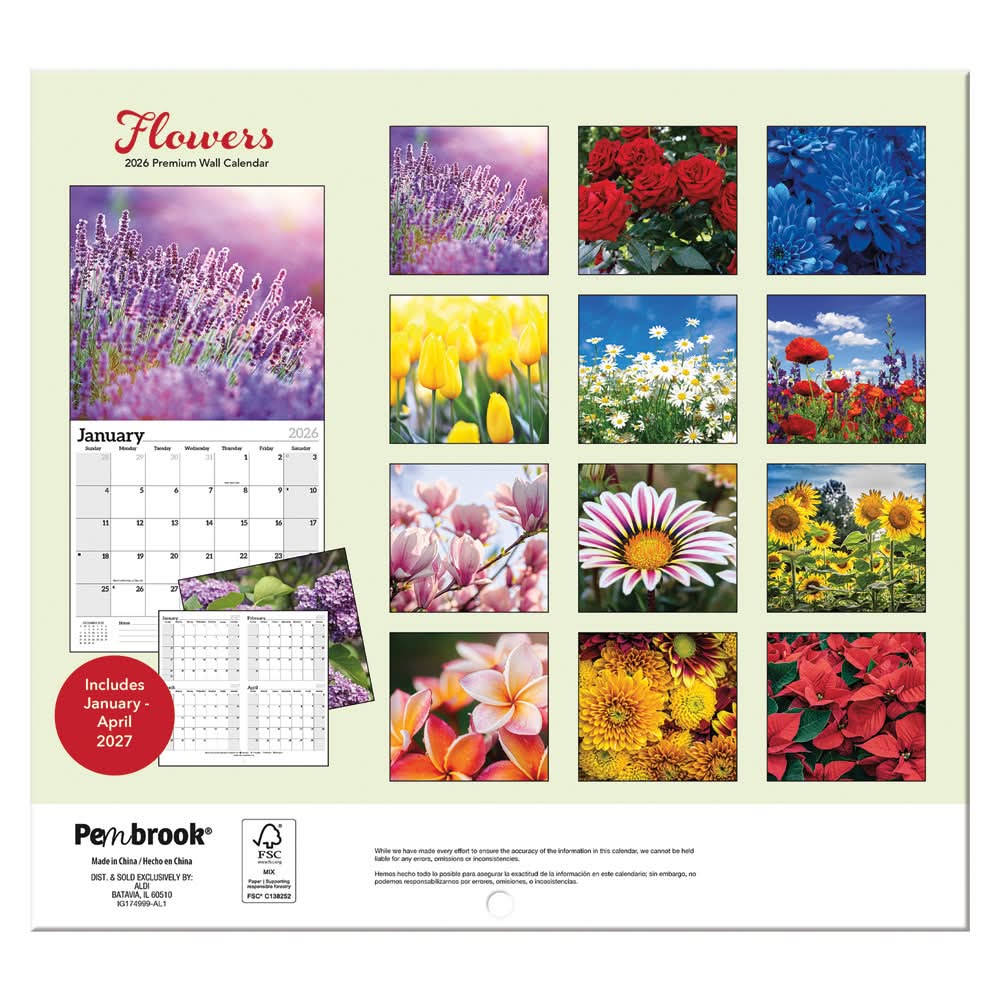 Pembrook Year 2026 Premium Wall Calendar With Flowers