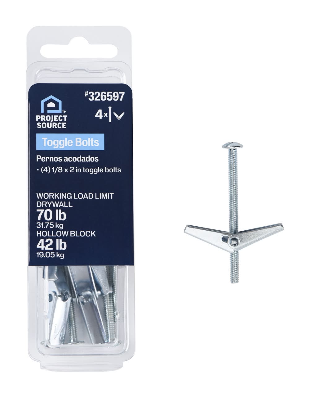 Project Source 70-lb 1/8-in x 2-in Toggle Bolt Anchors with Screws Included 4 -Pack