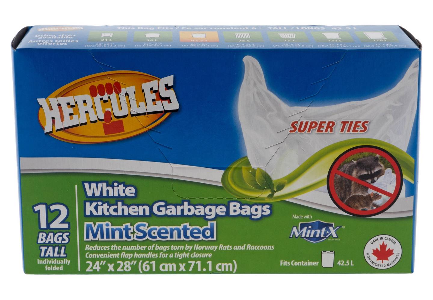 Hercules Kitchen Garbage Bags, Mint, 61 cm × 71.1 cm, White (12 ct)