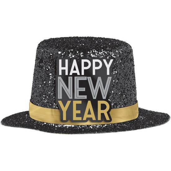 Glitter Black New Year's Mini Plastic Cardstock Top Hat, 2in