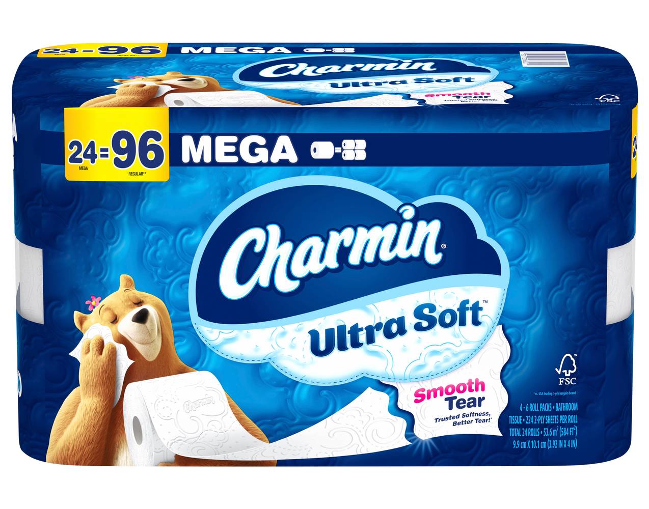 Charmin Ultra Soft 2-ply Mega Roll Smooth Tear Bathroom Tissue, 9.9 cm x 10.1 cm , White (24 ct)
