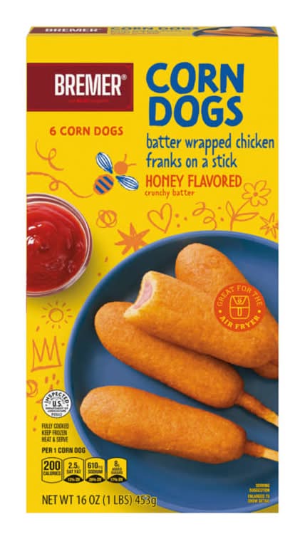 Bremer Batter Wrapped Chicken Franks on a Stick Corn Dogs, Honey (16 oz, 6 ct)