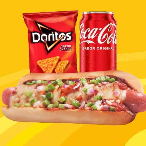 Combo Pizza Dog + Coca Cola Lata 12 oz + Doritos Nacho Cheese 60.2g