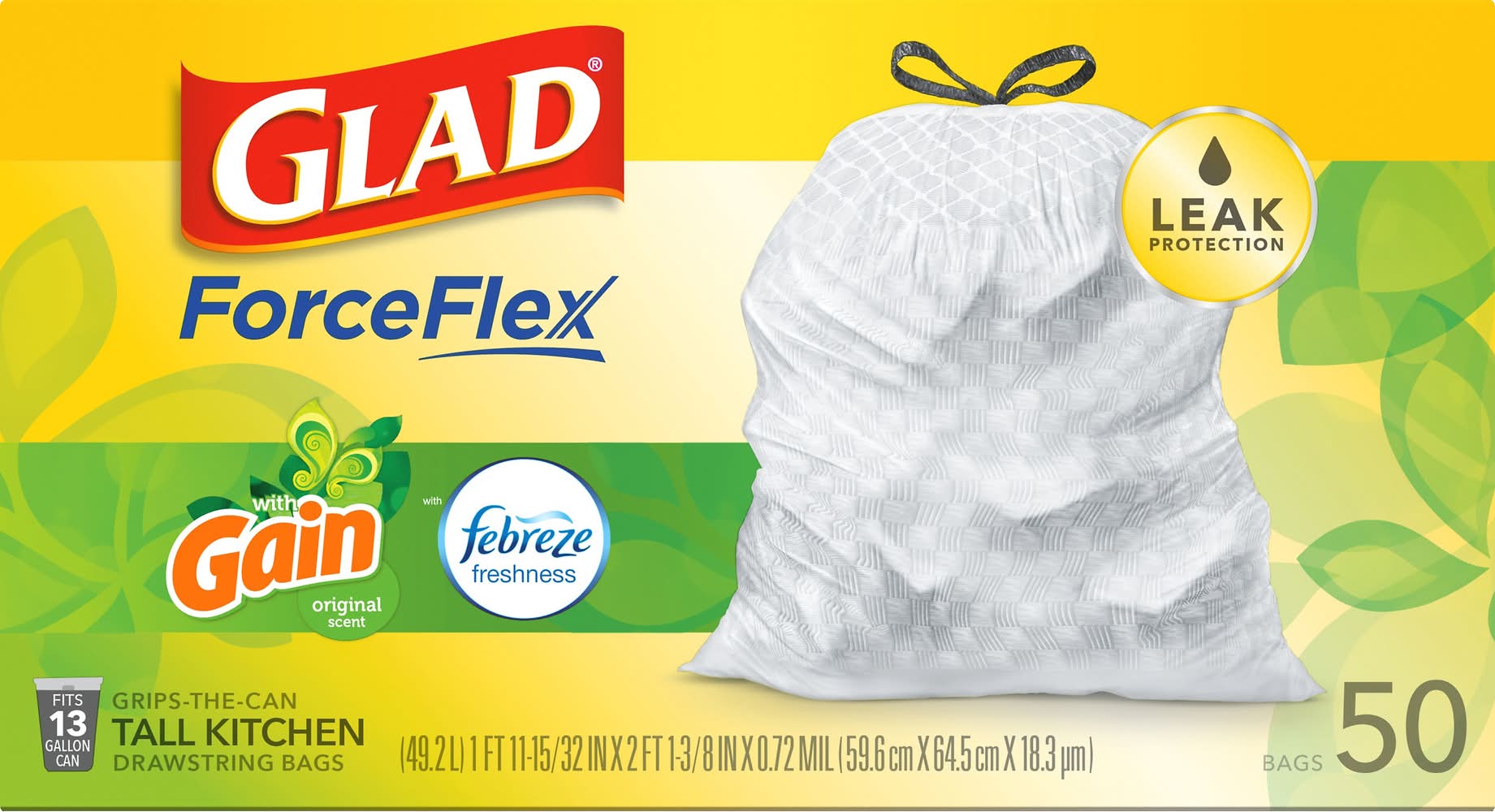 Glad Forceflex Original Tall Kitchen Drawstring Trash Bags 13 Gallon, 59.6 cm x 64.5 cm x 18.3 μm (50 ct)