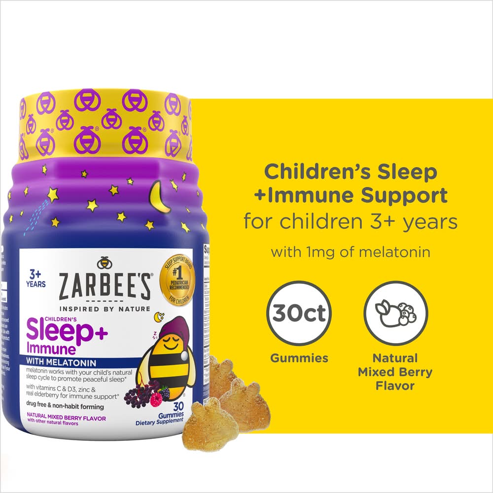 Zarbee's Kids Sleep + Immune Health Gummies With Melatonin Ages 3+, Mixed Berry (30 ct)