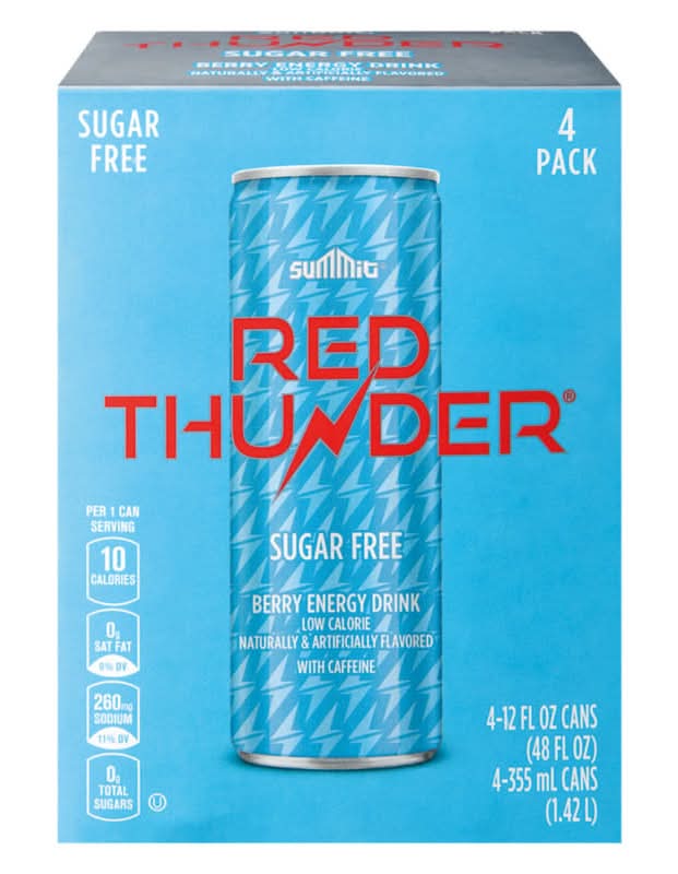 Summit Red Thunder Sugar Free Energy Drink, Berry (4 x 12 fl oz)