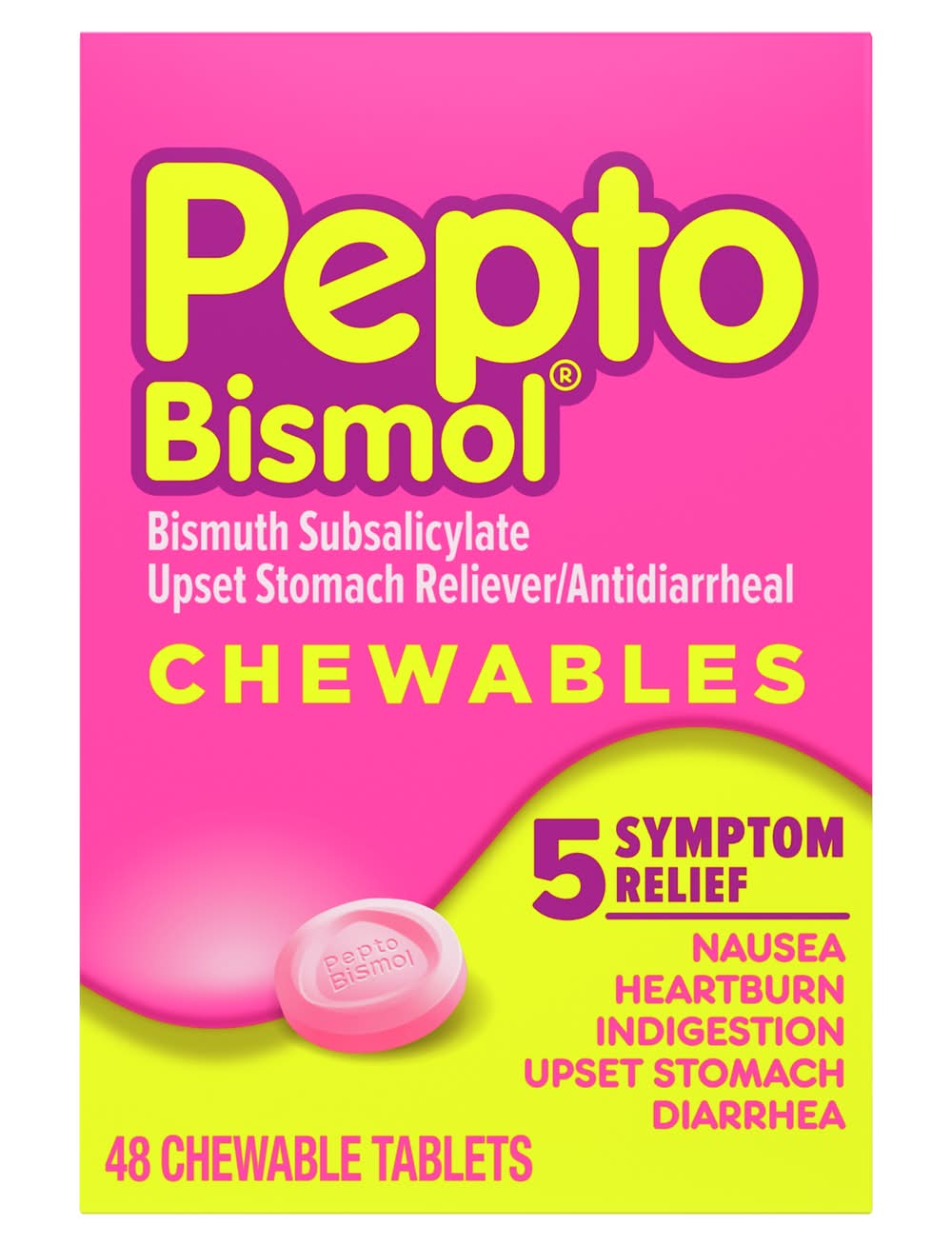 Pepto-Bismol 5 Symptom Stomach Relief Chewable Tablets (48 ct)