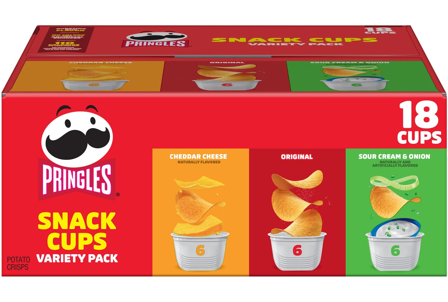 Pringles Crisps Snack Cups Variety pack, Cheddar Cheese-Original-Sour Cream & Onion (12.9 oz, 18 ct)