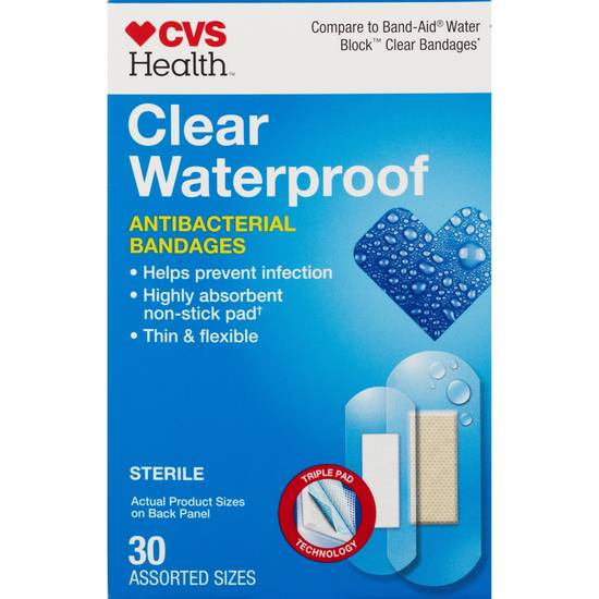 CVS Health Clear Waterproof Bandages, Assorted Sizes, 30 CT