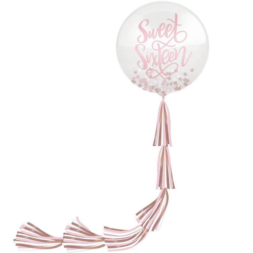 Uninflated Rose Gold Sweet Sixteen Latex Confetti Balloon (24in) with Tail (5.25ft)