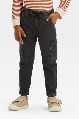 Toddler Boys' Pull-On Denim Cargo Jogger Pants - Cat & Jack™ Black 4T: Midweight Stretch, Drawstring Waist, Skinny Leg, Machine Washable