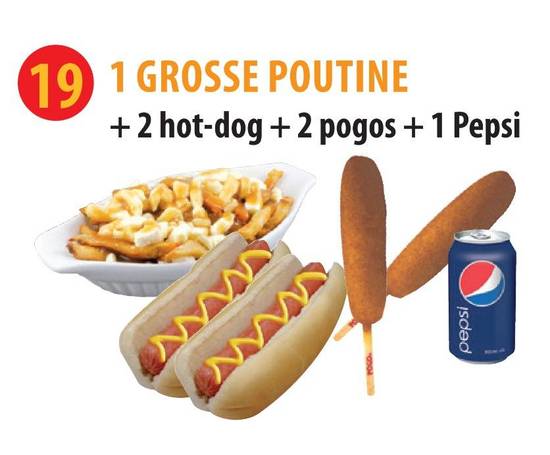 1 Grosse Poutine + 2 Hot-Dogs + 2 POGO! + Boisson