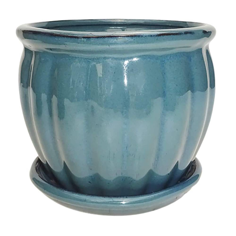 allen + roth Round 5.3-in W x 4.7-in H Blue Ceramic Contemporary/Modern Indoor/Outdoor Planter | 2471 CB