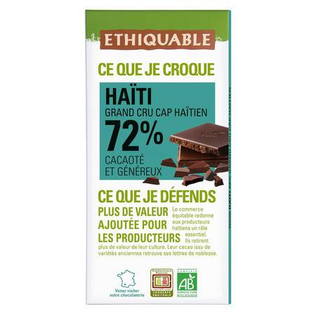 Chocolat noir 72% cacao cacaoté et généreux Haïti Bio ETHIQUABLE - la tablette de 100 g