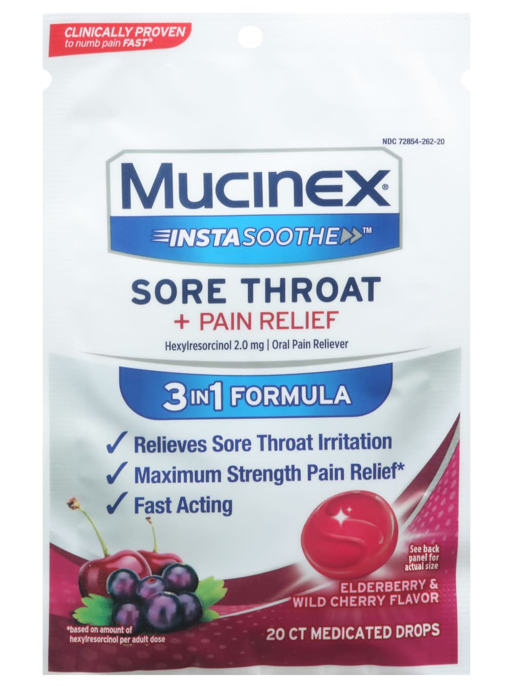 Mucinex Instasoothe Sore Throat + Pain Relief Medicated Drops, Elderberry & Wild Cherry (20 ct)
