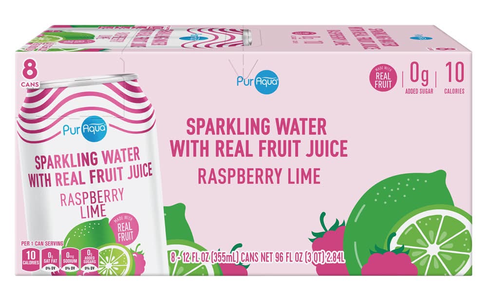 PurAqua Sparkling Water With Real Fruit Juice, Raspberry Lime (8 x 12 fl oz)