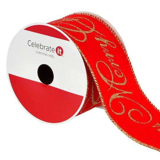 Celebrate It Merry Christmas Wired Ribbon, 2.5In X 20Ft, Red