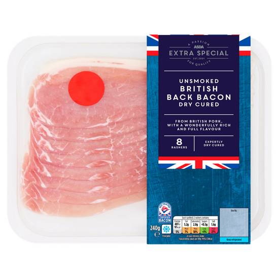 ASDA Extra Special Unsmoked Back Bacon Dry Cured 8 Rashers 240g
