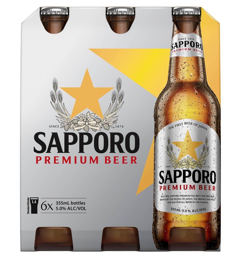 Sapporo Premium Lager Bottles (6 Pack) 355mL