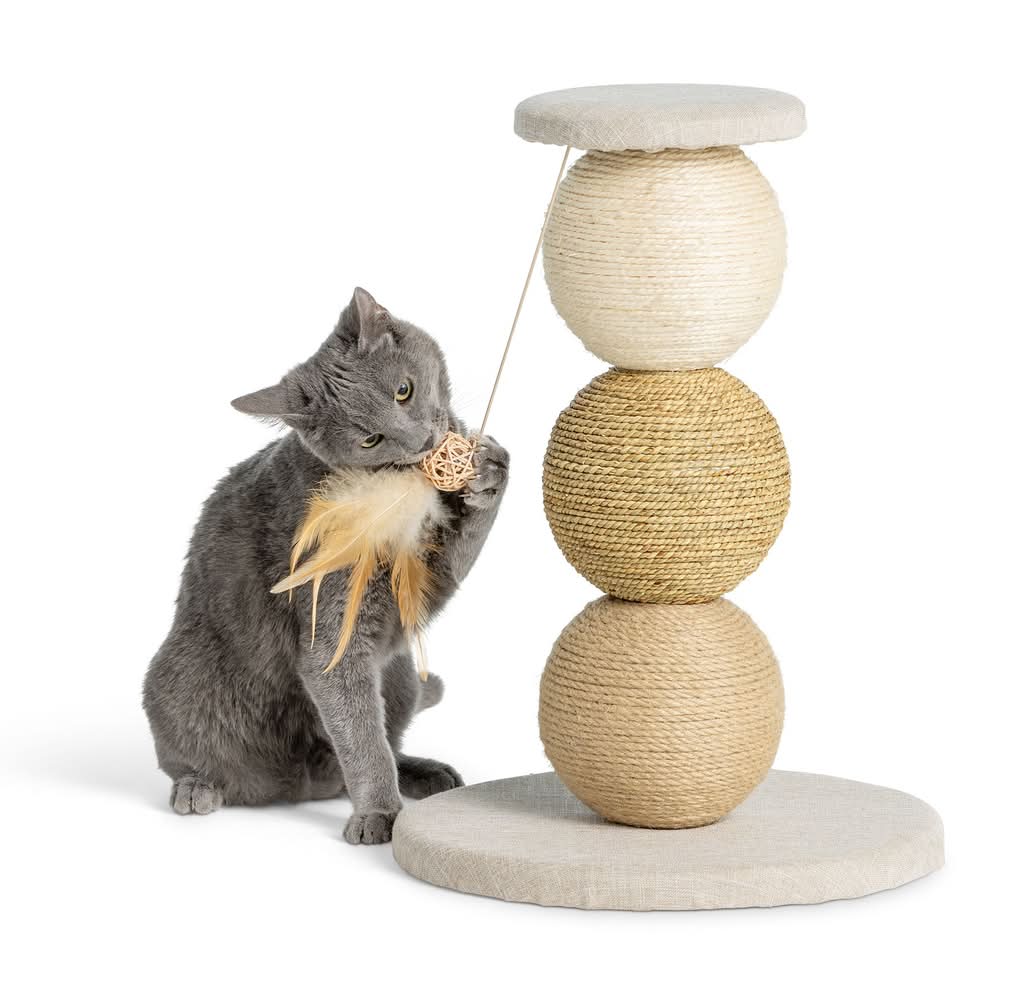 Whisker City® 19-in Three Ball Cat Scratching Post and Dangling Toy, Tan, Brown (Color: Multi Color)