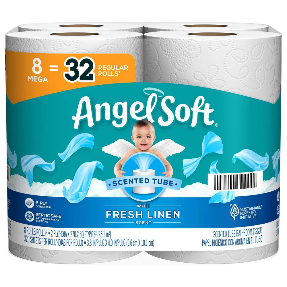 Angel Soft Mega Rolls Scented Tube Bathroom Tissue, Fresh Linen, 3.7" X 3.9" (8 ct)